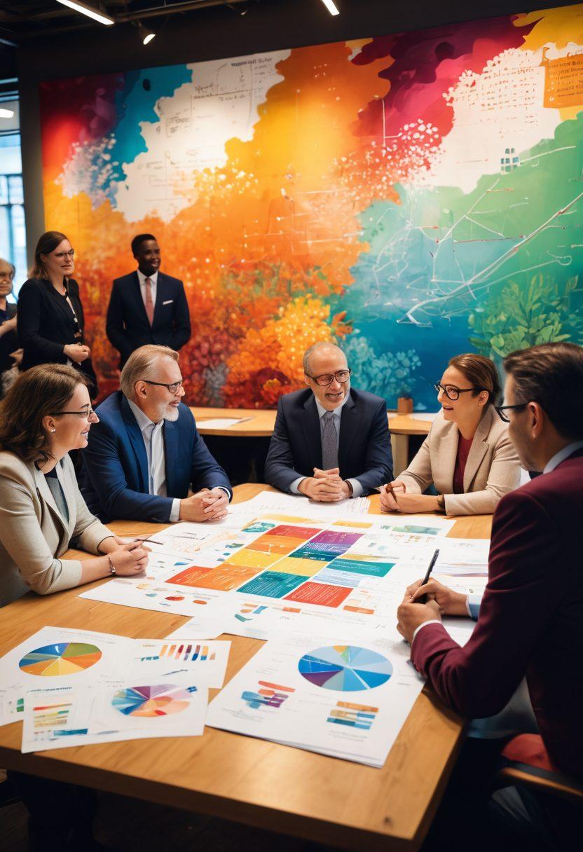 A diverse group of community leaders and sponsors shaking hands and engaging in dynamic discussions around a large table filled with colorful charts and funding opportunity documents. In the background, an artistic mural depicting community collaboration and growth. The scene conveys a sense of unity, collaboration, and optimism, with warm light flooding the room. super-realistic. vibrant colors. 3D.