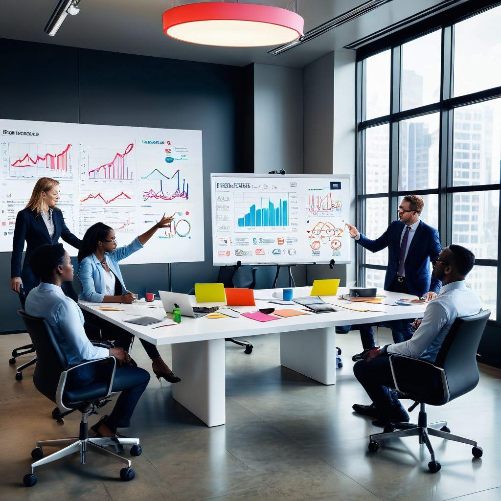A dynamic scene depicting diverse individuals engaged in a collaborative meeting, surrounded by symbols of finance and partnership like dollar signs and handshake icons. Bright colors and a modern, open workspace background evoke a sense of innovation and shared vision. Incorporate visual elements like sticky notes, charts, and technology. super-realistic. vibrant colors. modern design.