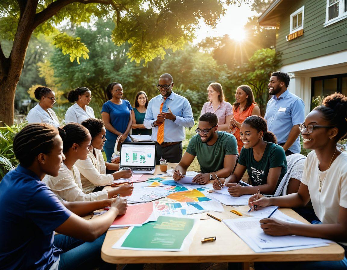 A vibrant community gathering, showcasing diverse individuals collaborating on nonprofit initiatives, surrounded by visual representations of advocacy support such as banners and charts. The atmosphere is uplifting, with greenery symbolizing growth and hope. Include elements like pens, papers, and laptops to depict brainstorming and planning. A warm sunset in the background adds an inspiring touch. super-realistic. vibrant colors. 3D.